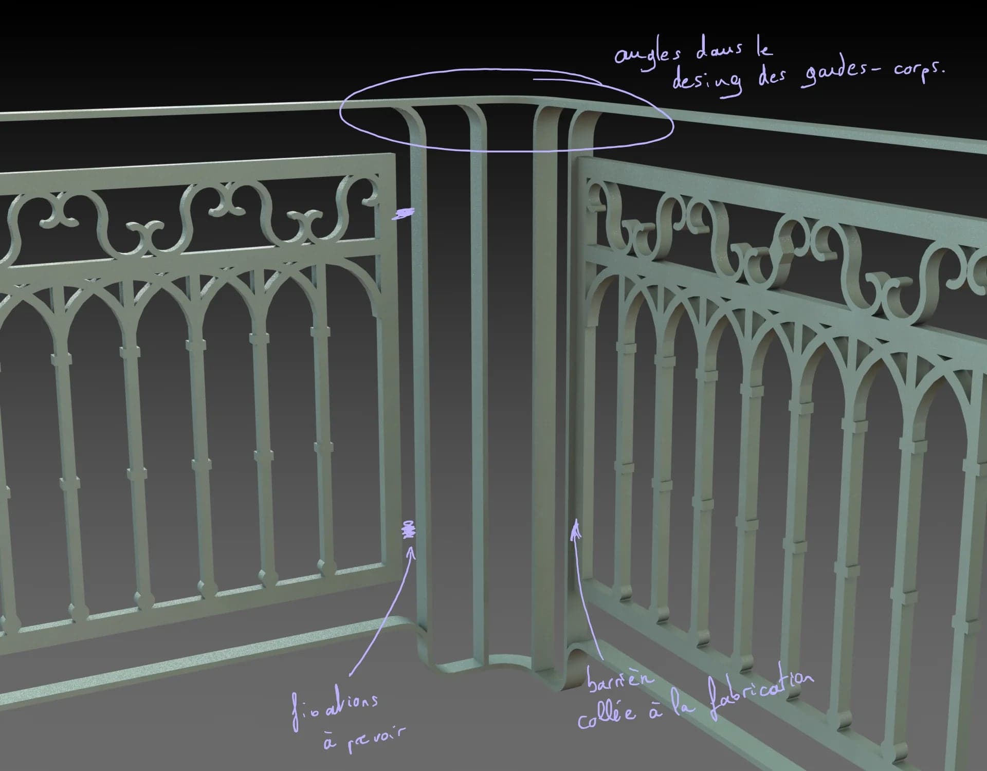 Rendu 3D annoté : intégration des garde-corps existants côté trémie