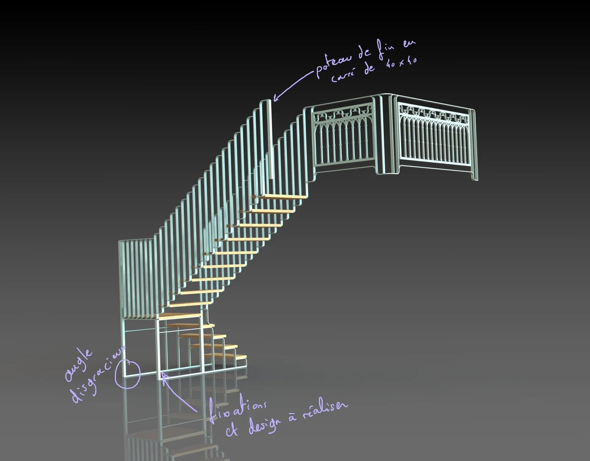 Rendu 3D annoté avec le client : garde-corps, poteau du palier et main courante