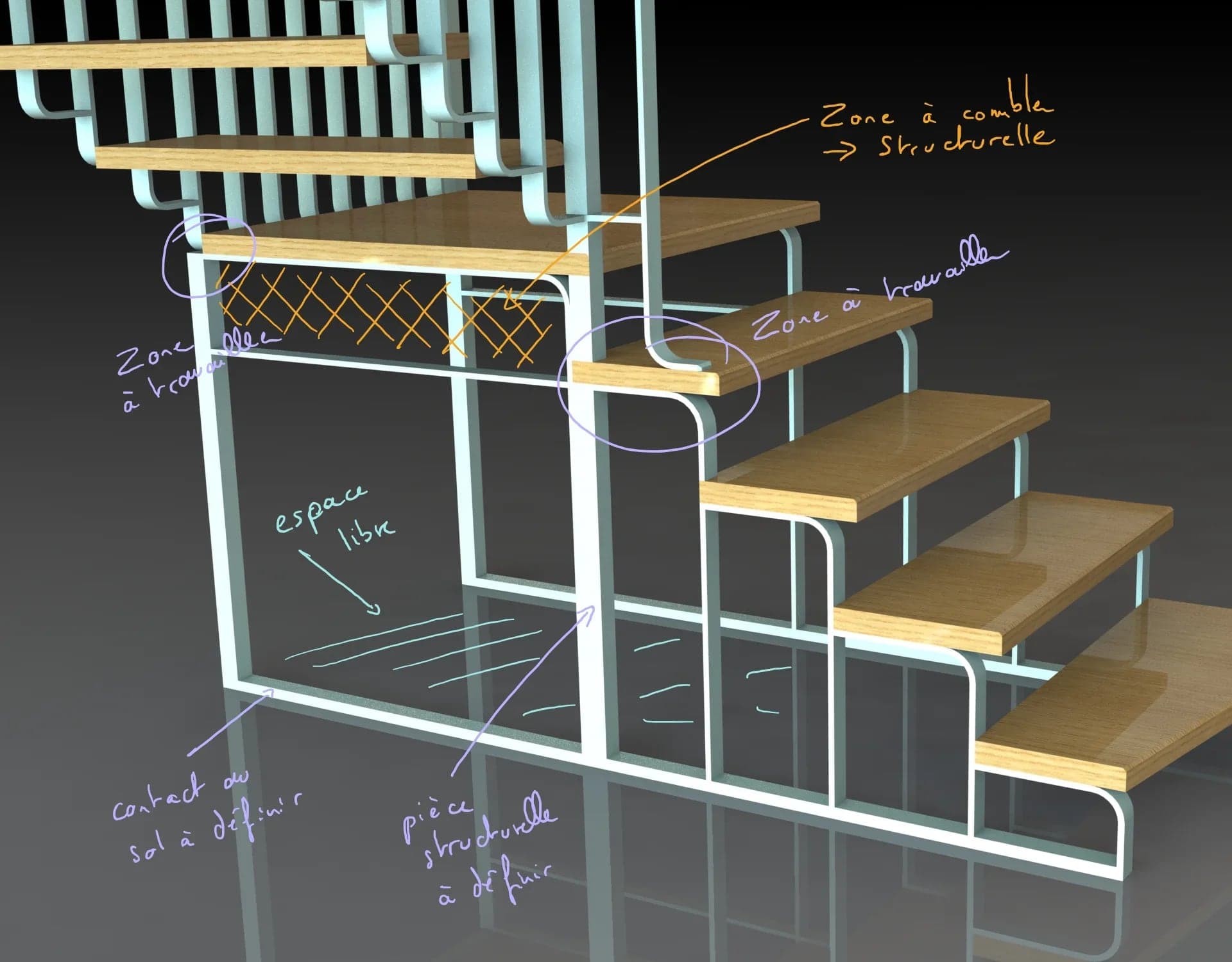Rendu 3D annoté : palier et section basse, zone à définir avec le client