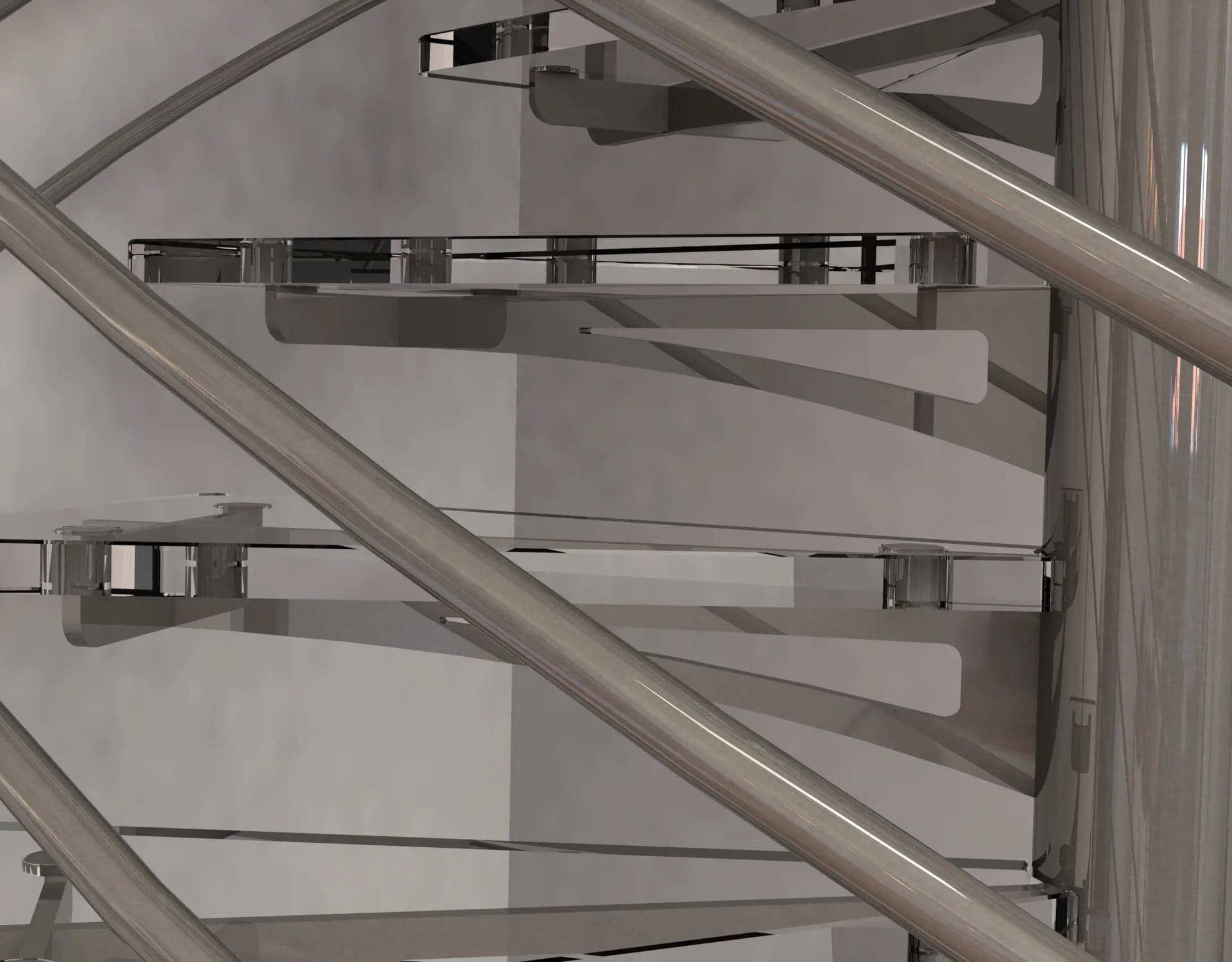 Rendu 3D : détail de la fixation des marches en verre sur le fût inox
