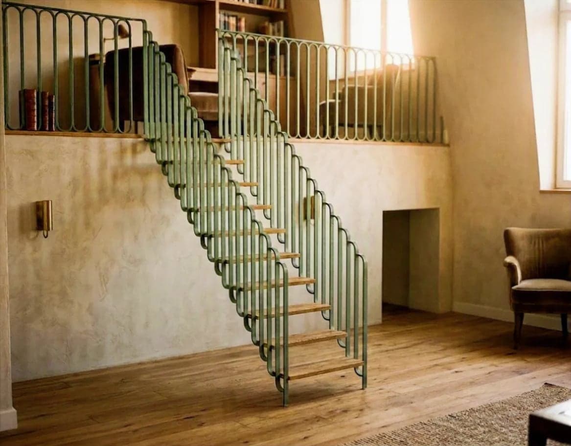 Rendu 3D : escalier quart tournant à garde-corps art déco vert d’eau, intégré dans le séjour du client