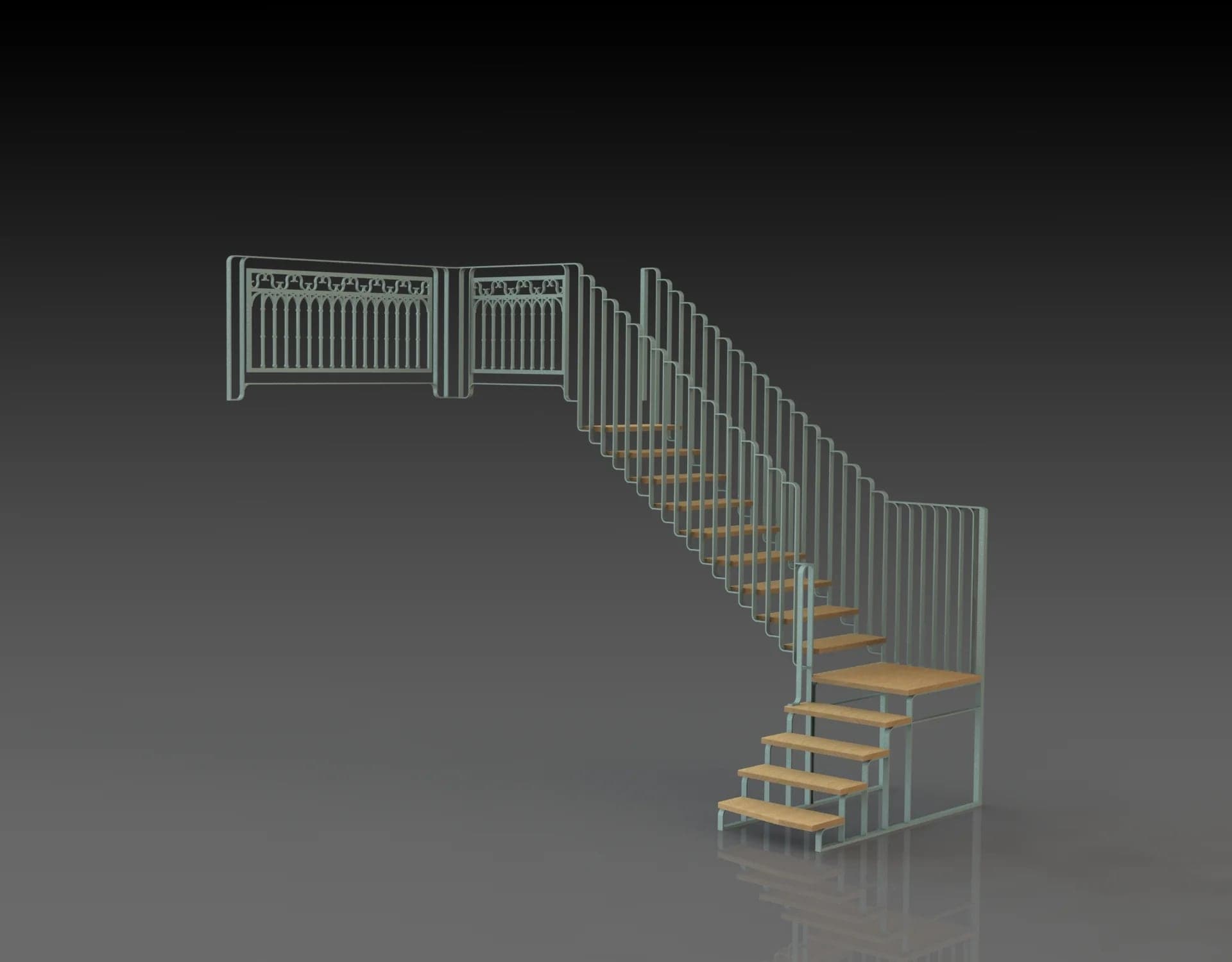 Rendu 3D : escalier quart tournant à palier, marches en chêne massif et garde-corps art déco