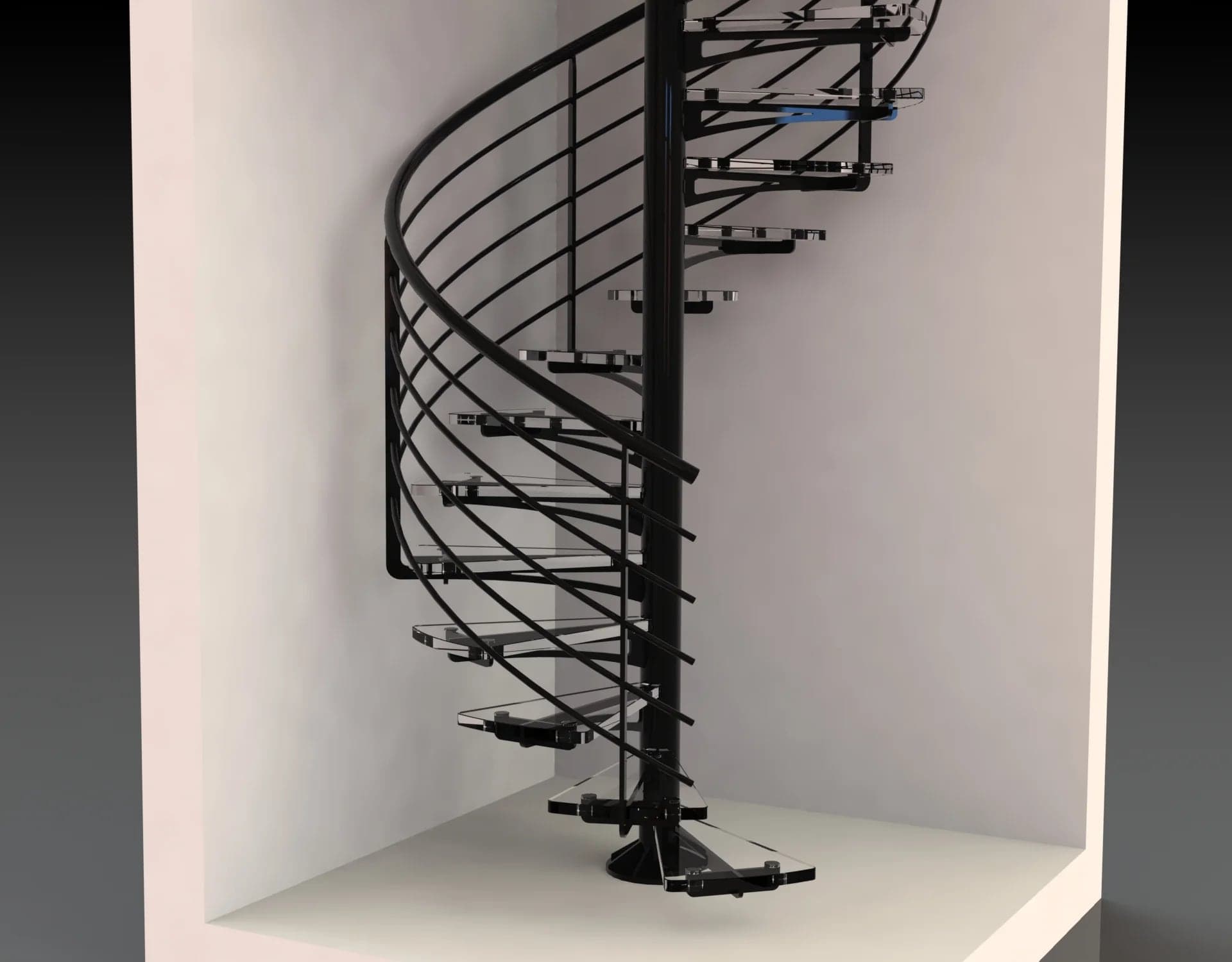 Rendu 3D : variante de l’escalier hélicoïdal en acier peint noir, marches en verre