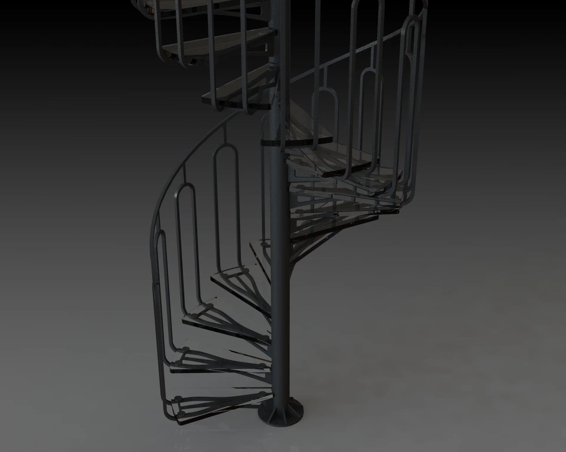 Rendu 3D : escalier hélicoïdal en acier noir, variante à garde-corps forgé en U