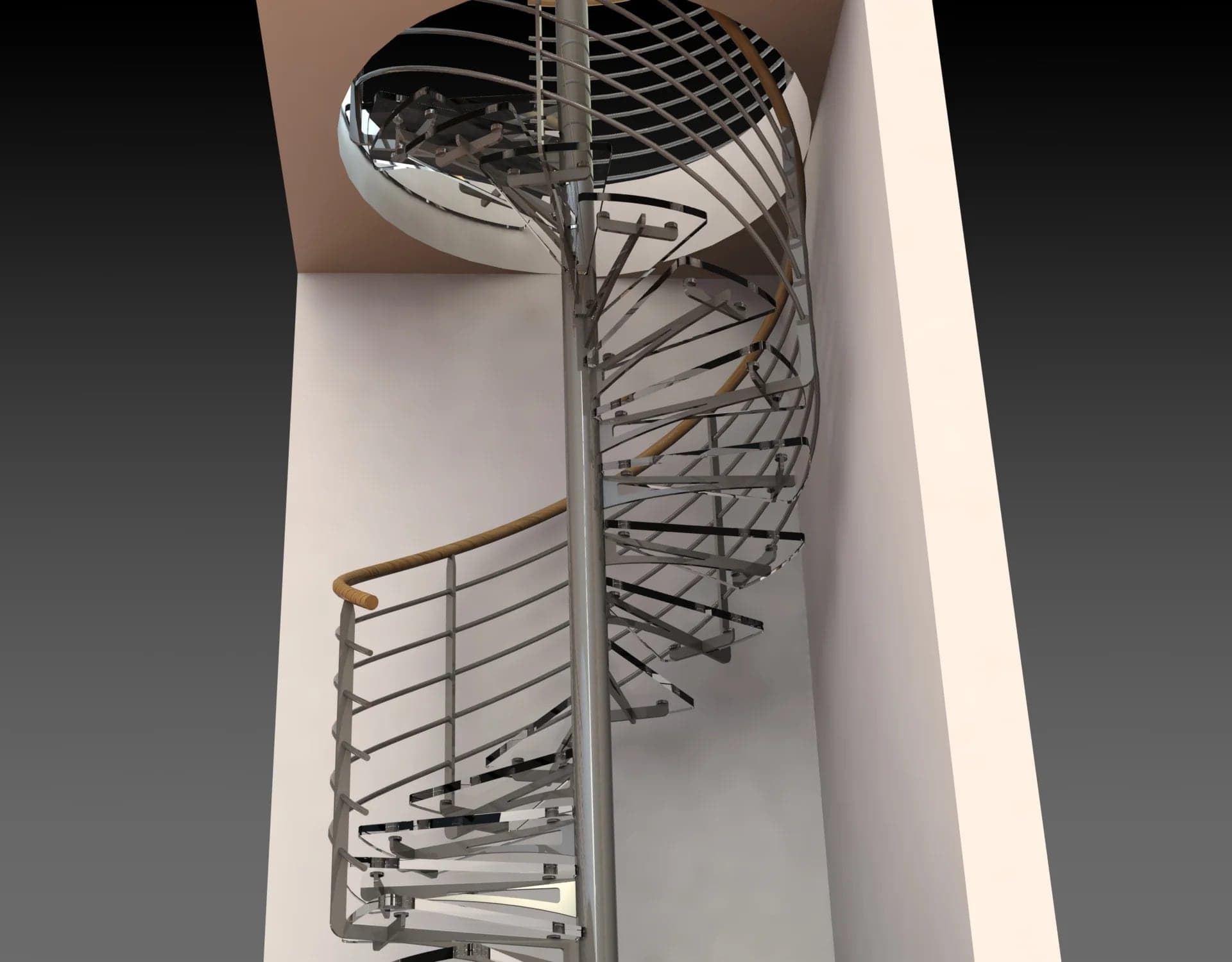 Rendu 3D : escalier hélicoïdal en inox, marches en verre et main courante en bois, dans la pièce