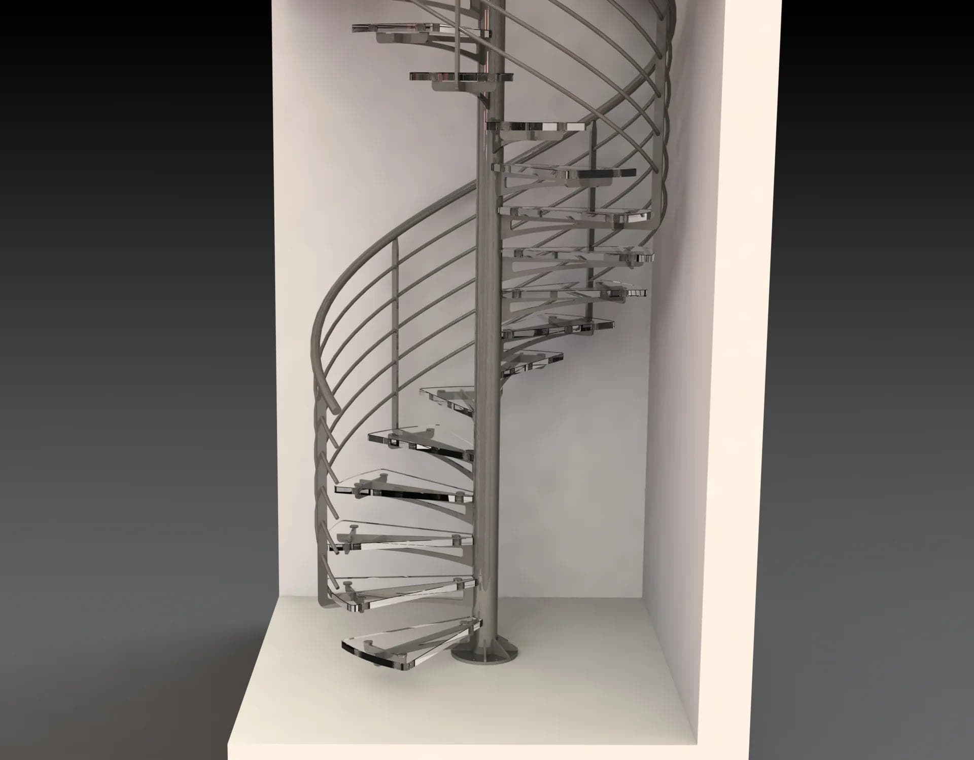 Rendu 3D : escalier hélicoïdal à fût central inox et marches en verre, vue d’ensemble